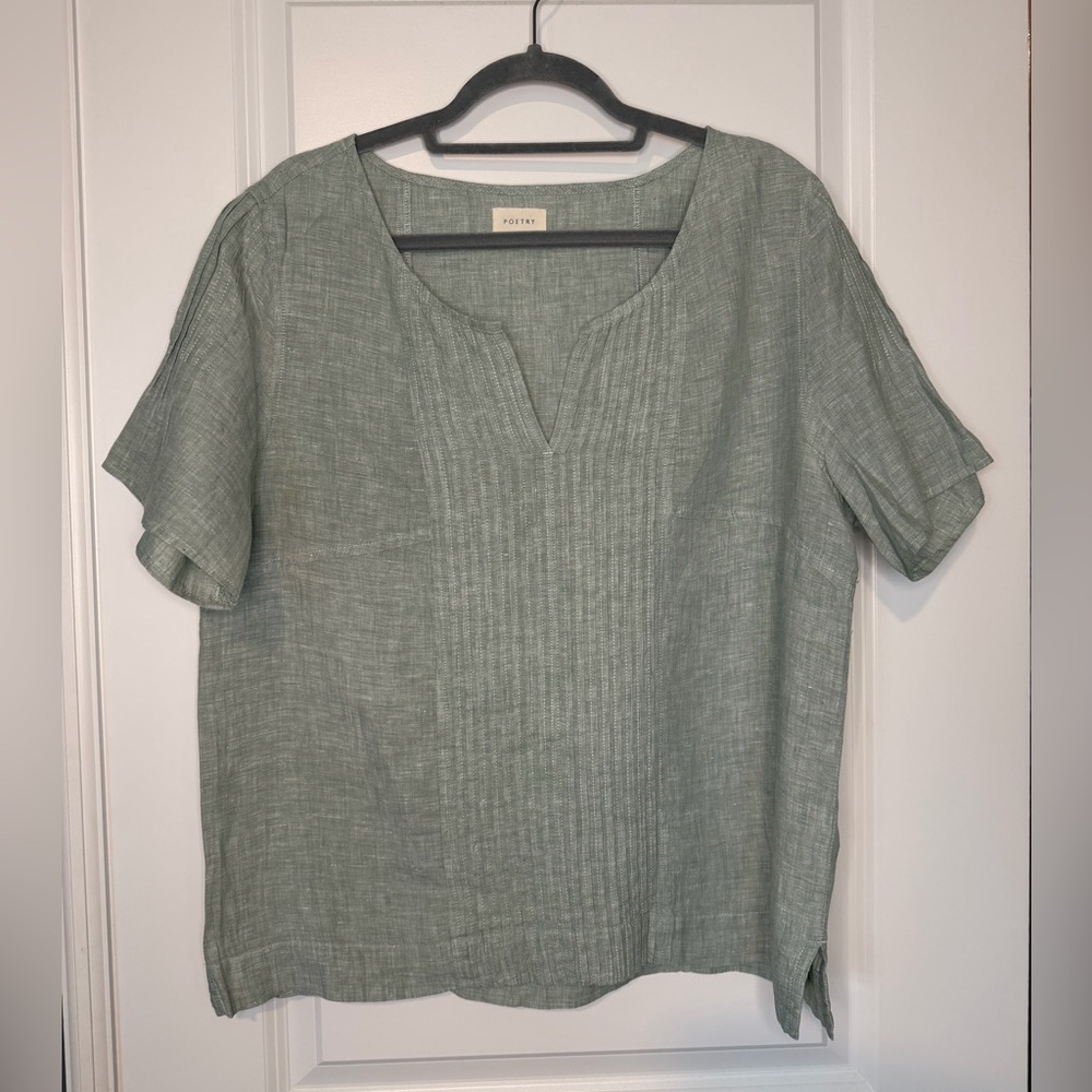 Poetry Pin Tuck Yarn Dyed Linen Soft Bay Green Short Sleeve Top Size 12